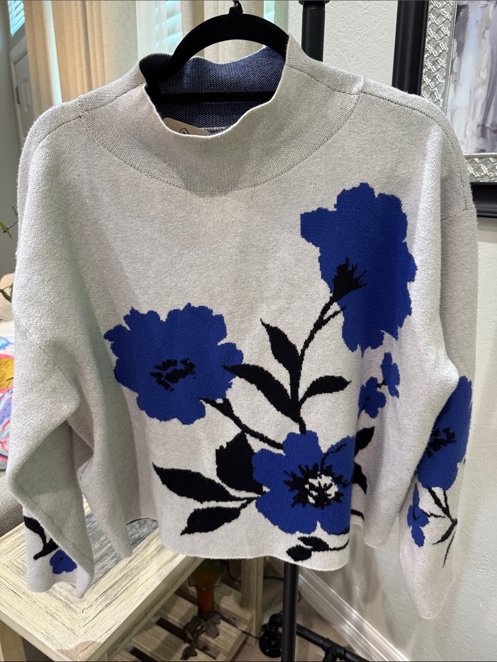 Maeve Light Gray Sweater with Blue Floral Motif